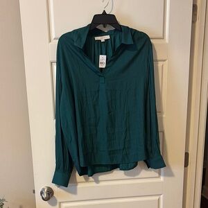 LOFT Blue and Green Long Sleeve Relaxed Blouse